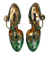 Dolce & Gabbana Green Leather T-STRAPS Heels Sandals Shoes