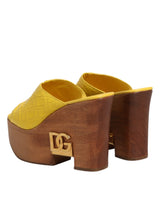 Dolce & Gabbana Yellow Leather Wood Mule Wedge Slides Shoes