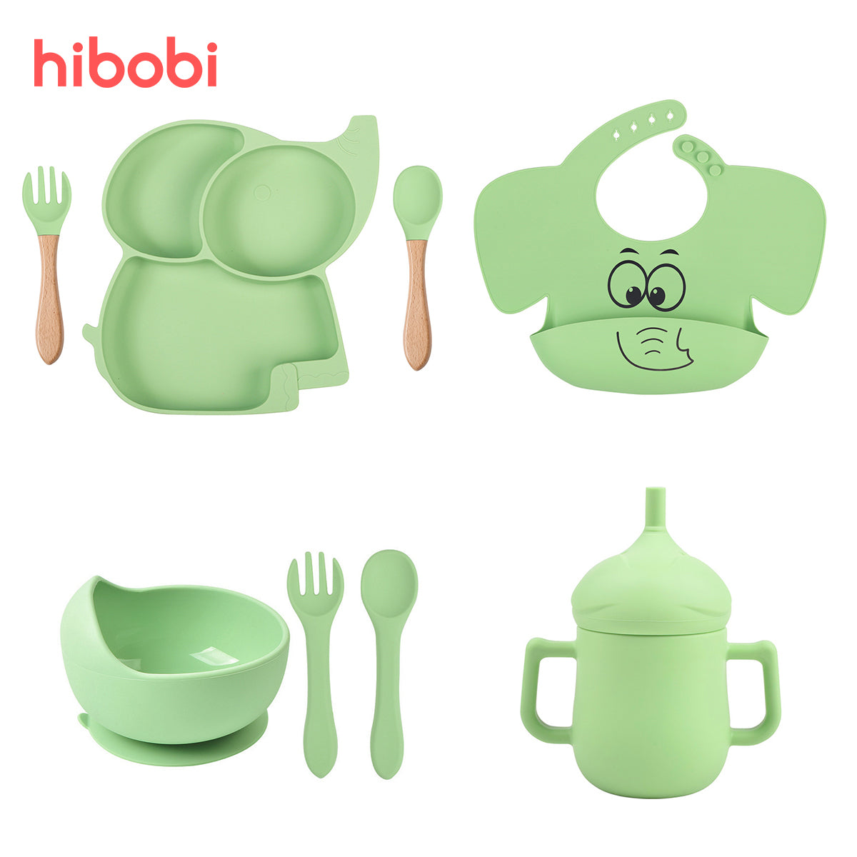 Baby Silicone Elephant Printed Bibs and Sucker Plates Set