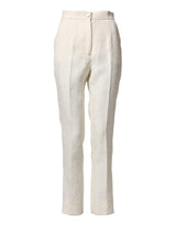 Dolce & Gabbana White Cotton Floral Brocade Dress Pants