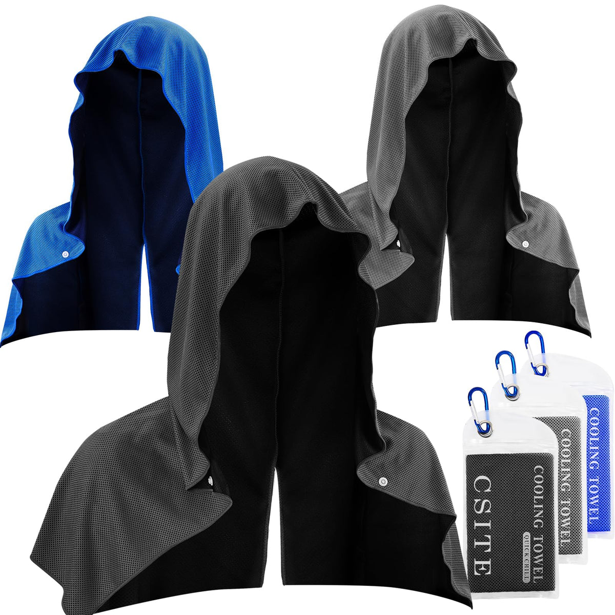 CSITE 3 Pack Cooling Hoodie Towels Instant Cooling Towels for Neck and Face UPF 50 Sun Protection Ice Towel for Hot Weather Head Towel for Sports Camping Cycling & More Activities