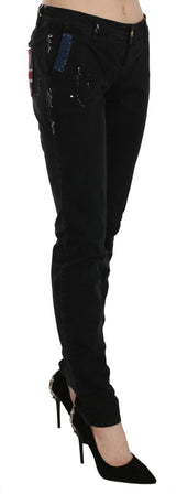 John Galliano Black Low Waist White Paint Skinny Denim Pants Jeans