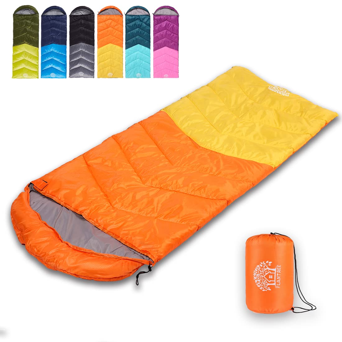 Flantree Sleeping Bag 4 Seasons Adults & Kids for Camping Hiking Trips Warm Cool WeatherLightweight and Waterproof with Compression BagIndoors Outdoors Activities (Yellow)