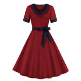 Retro Waist-Defined Short Sleeve Dress for Women