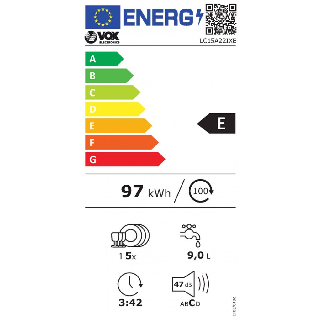 LAVE-VAISSELLE VOX 60 CM, E, 15 SETS, 7 PROGRAMMES, VERROUILLAGE DE SÉCURITÉ, DÉMARRAGE DIFFÉRÉ, RAPIDE 30 MIN, (HxLxP) 59,8x85x59,8cm, INOX