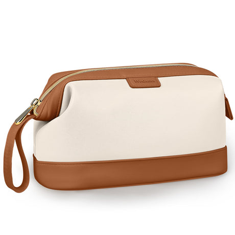 Wedama Makeup Bag Large Capacity Travel Cosmetic Bag PU Leather Makeup Pouch Wide Open Make up Organizer Bag Portable Makeup Case Waterproof Toiletry Bag with Handle for Women Girls Beige
