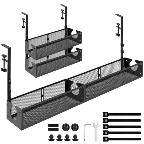 Subeauty 2 Pack Under Desk Cable Management Tray Under Desk Cord Organizer with Clamp No Drilling Under Table Wire Management Tray for Home Office Standing Desk No Damage to Desk Black