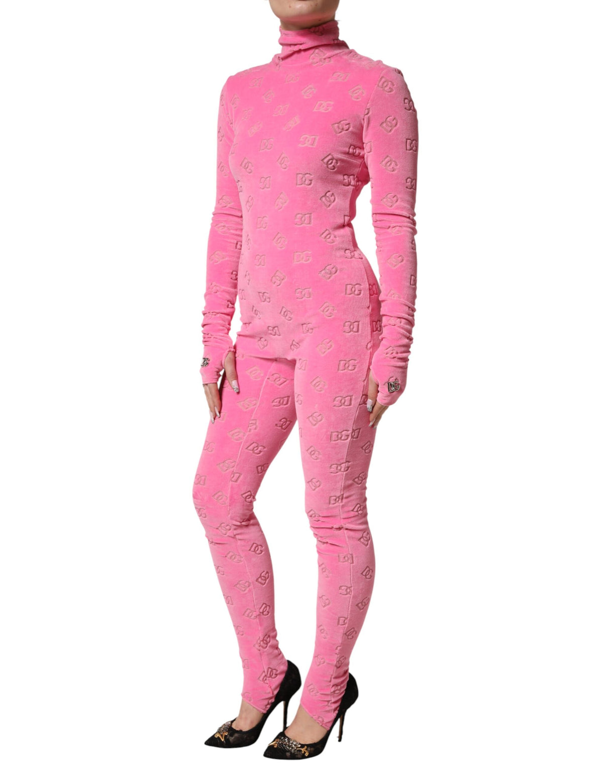 Dolce & Gabbana Pink Logo Monogram Long Sleeve Jumpsuit  Dress