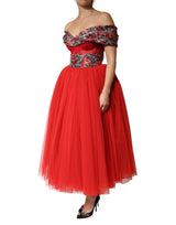 Dolce & Gabbana Red Floral Off Shoulder A-line Gown Dress