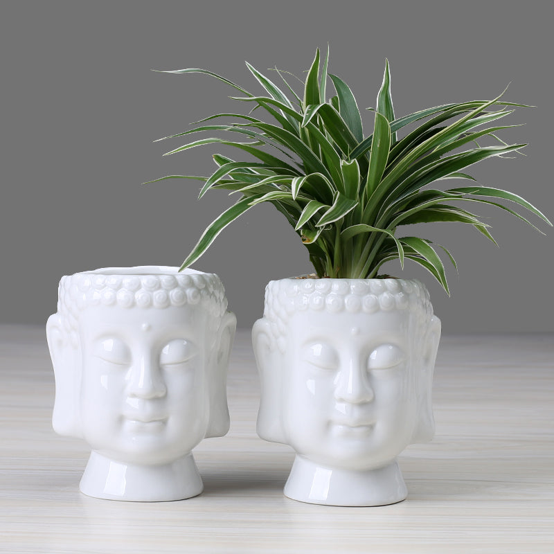 White Ceramic Succulent Planter with Buddha Statue Decor