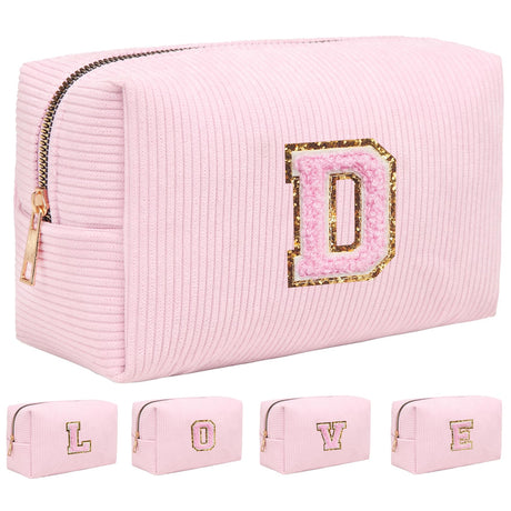 FANGENKE Initial Makeup Bags for GirlsPreppy Cosmetic Bag Corduroy Makeup BagCute Makeup PouchChenille Pink Letter Make Up BagBirthday Gift for Women Daughter Girl Friend Sister Teacher (D)