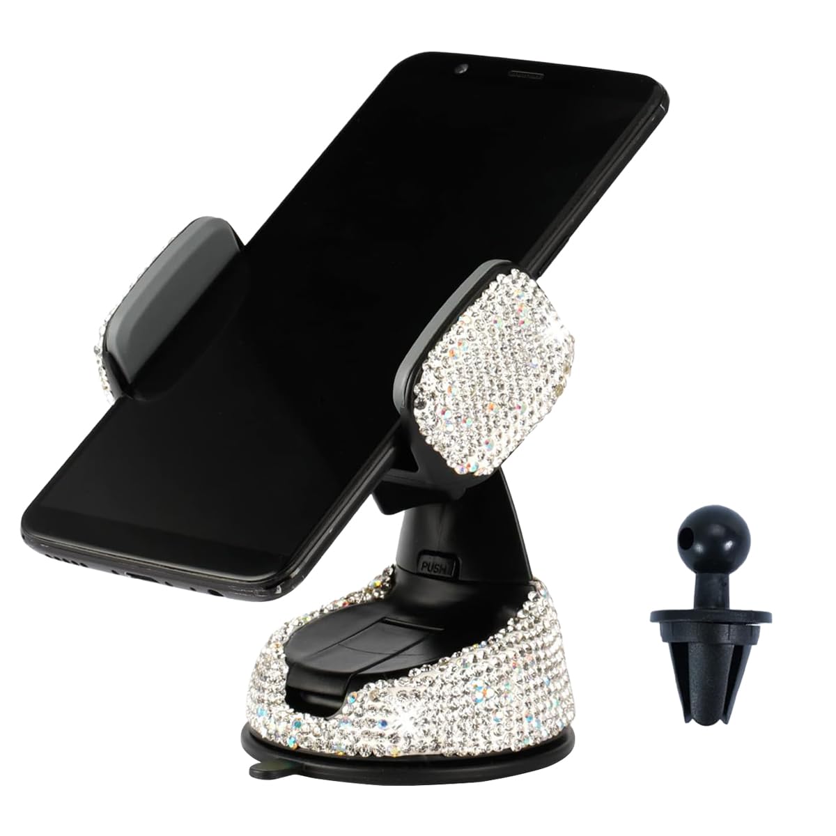 GLSOWEE Bling Car Phone Holder 360° Adjustable Crystal Rhinestone Car Phone Cradle with One More Air Vent Base Phone Mount Stand Fit for Dashboard Windshield Air Vent