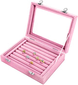 EONGOA Jewelry Box Rings Organizer Tray 7 Slots Velvet Jewelry Earring Storage Box With Transparent Lid Jewelry Display Case for Girls Women (Light Pink)