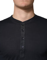 Dolce & Gabbana Dark Blue Cotton Henley Long Sleeves T-Shirt