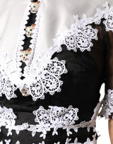 Dolce & Gabbana Black White Silk Macrame Lace Midi Dress