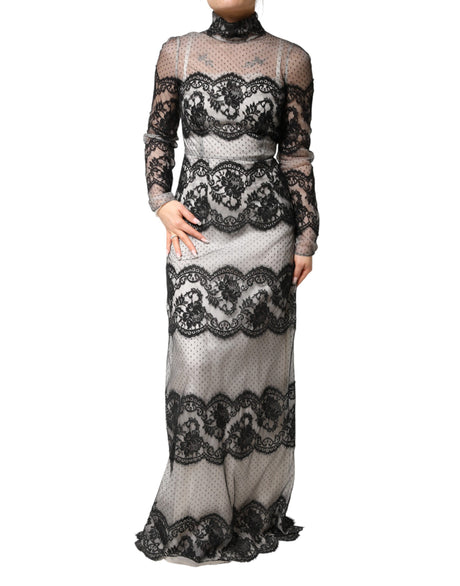 Dolce & Gabbana Black White Lace Silk Blend MaxiSheath Dress