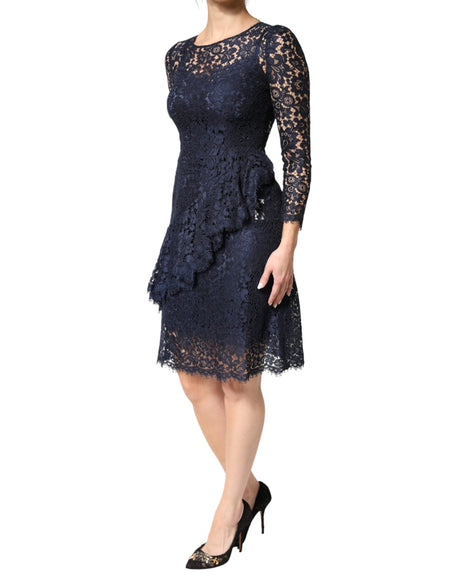 Dolce & Gabbana Blue Lace Ruffle A-line Knee Length Dress