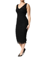 Dolce & Gabbana Black V-Neck Ruched Lace Hem Midi Dress