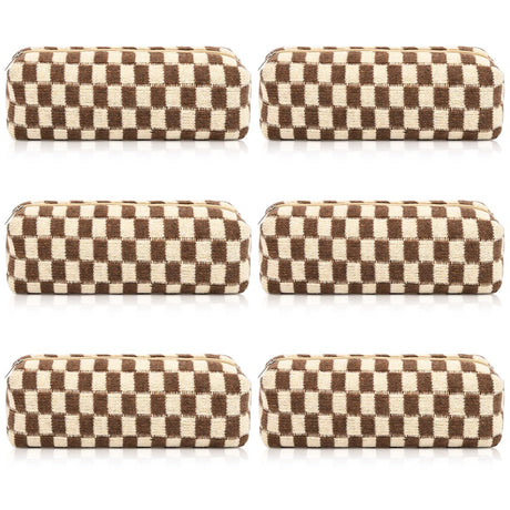 SOIDRAM 6 Pcs Checkered Makeup Bag Preppy Cosmetic Bag Bulk Makeup Pouch Personalize Travel Toiletry Bag Organizer Cute DIY Makeup Brushes Storage Bag for Women Brown
