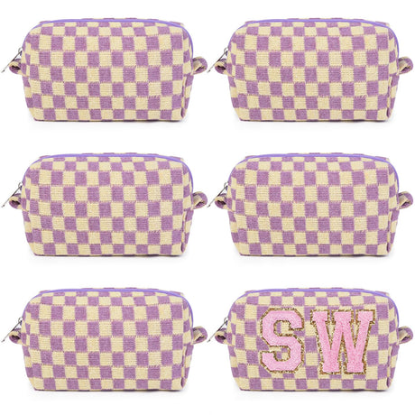 6 Pcs Preppy Makeup Bag Bulk Checkered Cosmetic Bag Purple Makeup Pouch Personalize Travel Toiletry Bag Organizer Cute DIY Makeup Brushes Storage Bag for Women
