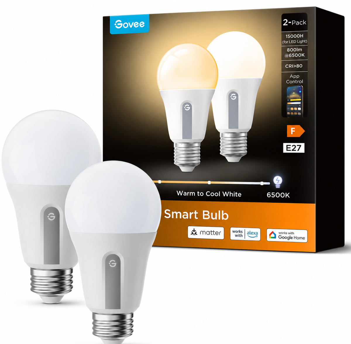 Govee Bulb Ceiling E27 Smart LED 800 Lumens Cold White/Warm White (Pack of 2) B8015C02