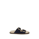 Brunello Cucinelli Black Calf Leather Bos Taurus Flat Sandals