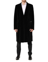 Dolce & Gabbana Black Cotton Velvet Long Trench Coat Jacket