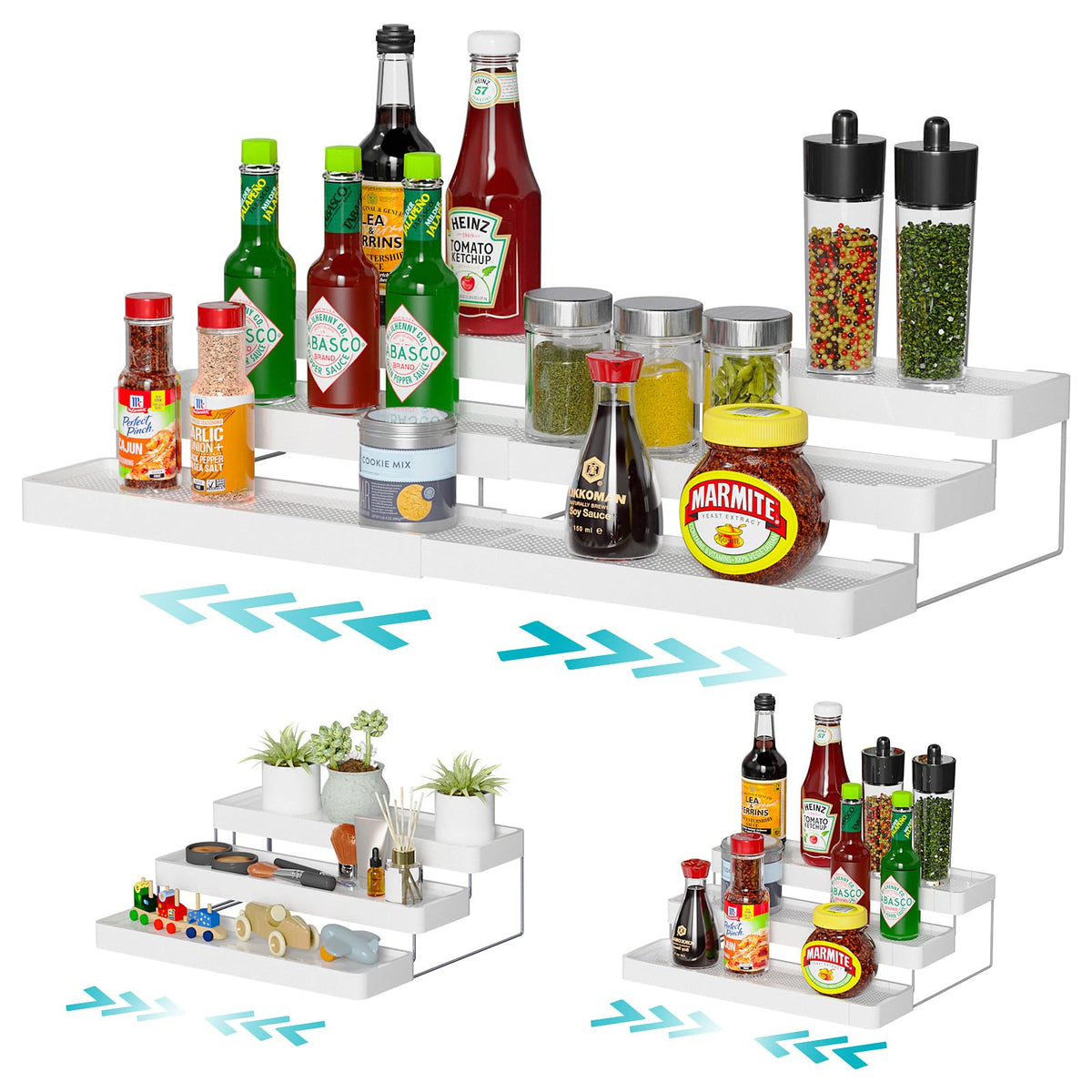oylik Spice Rack Organizer for Cabinet - 3 Tier Expandable Spice Organizer for Cabinet Easy Visibility - Adjustable Cabinet Spice Organizer for Kitchen Countertop Cupboard Pantry Organization (White)