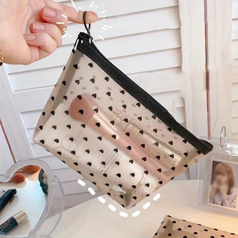 Cute Heart Print Mesh Makeup Bag - Stylish Cosmetic Organizer