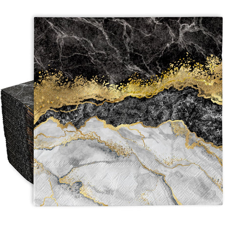 AnyDesign 80 Pack Marble Paper Napkins Disposable Elegant Dinner Party Napkins Black Gold 6.5 x 6.5 Inch Dessert Hand Napkins for Birthday Wedding Baby Shower Bridal Shower Tea Party Supplies