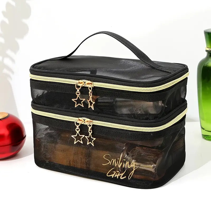 Double Layer Clear Mesh Makeup Purse and Organizer Bag