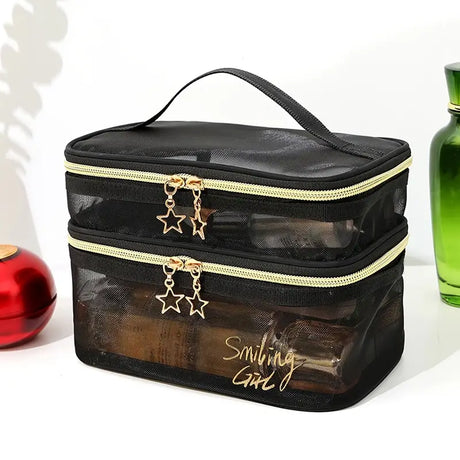 Double Layer Clear Mesh Makeup Purse and Organizer Bag
