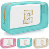 WELIDAY Personalized Initial Letter Clear Makeup Bag Travel Chenille Patch Cosmetic Bag Waterproof Toiletry Bag with Zipper for Teen Girls Women (Green E)