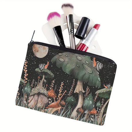 Portable Mushroom Print Cosmetic Bag for Women (Black)