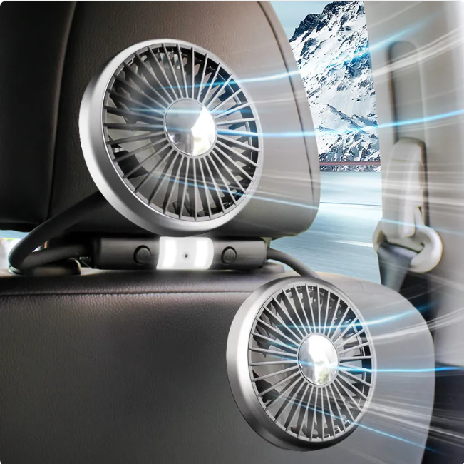 Car Double-Headed Seat Fan with Light and Flexible Hose - Black