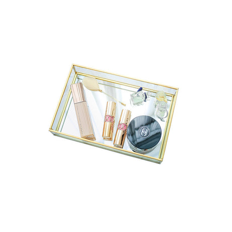 Rectangular Gold Metal Glass Makeup Organizer Tray