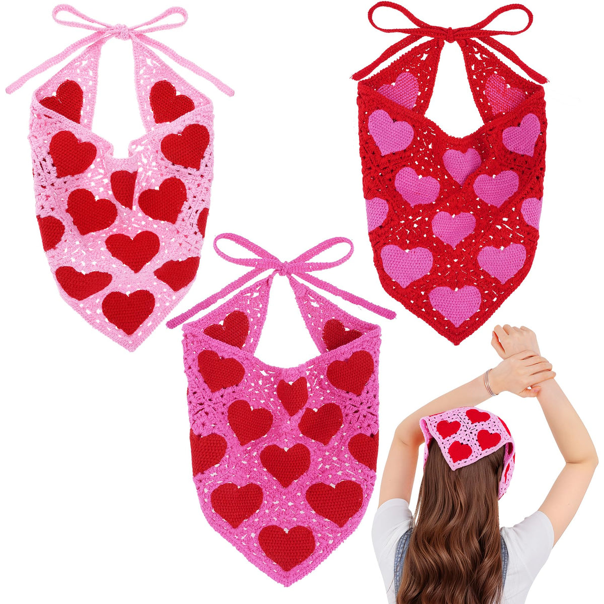 hoyuwak 3Pcs Crochet Head Scarf Bandanas Headband Hair Accessories for Women Knitted Heart Hair Styling Valentines Day Decor