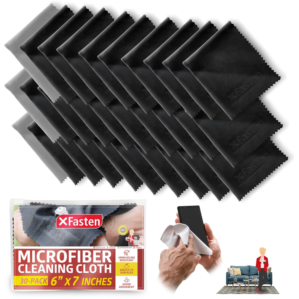 XFasten Microfiber Cleaning Cloths 6 Inch x 7 Inch Pack of 30 Glasses Cleaner Cloths Phone Screen Scratch Remover LCD Screen Cleaner Microfiber Cleaning Cloth for Electronics