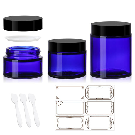 3 Pack Blue Glass Jars with lids 4 oz 2oz and 1 oz Cosmetic Jars with Inner Liners and Black Lids Lotion Jars Candle Making Jars for Lotions Scrubs and Cosmetic Lables and Spatulas Include