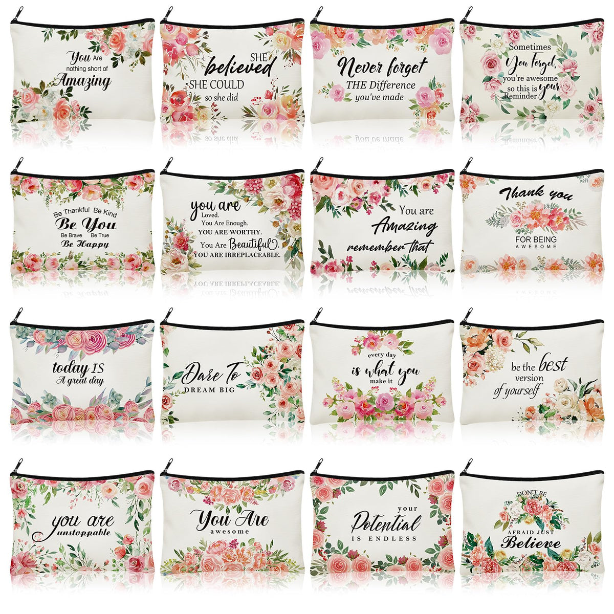 Pinkunn 16 Pcs Canvas Cosmetic Bag Bulk Inspirational Quotes Makeup Bags with Zipper Encouragement Travel Toiletry Pouch Appreciation Gift for Christmas Teacher Birthday Graduation(Flower)