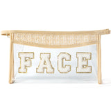 Belanttega Boho Patch GLAM Makeup Bag Clear Toiletry Bag Varsity Letter Travel Cosmetic Bag beige Transparent Waterproof Snacks Bag Cute Zipper Makeup Pouch for Women Girls (FACE)