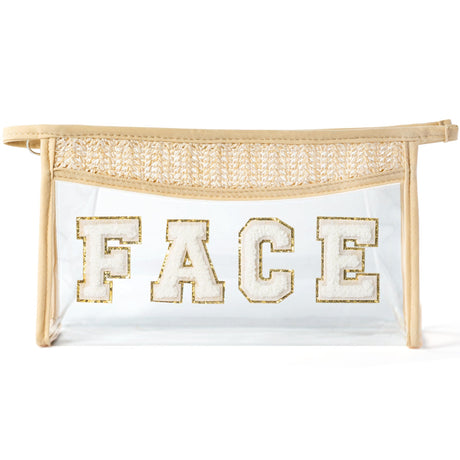 Belanttega Boho Patch GLAM Makeup Bag Clear Toiletry Bag Varsity Letter Travel Cosmetic Bag beige Transparent Waterproof Snacks Bag Cute Zipper Makeup Pouch for Women Girls (FACE)