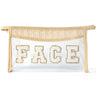 Belanttega Boho Patch GLAM Makeup Bag Clear Toiletry Bag Varsity Letter Travel Cosmetic Bag beige Transparent Waterproof Snacks Bag Cute Zipper Makeup Pouch for Women Girls (FACE)