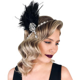 SWEETV 1920s Feather Headpiece Black Womens Ostrich Feather Crystal Headband Great Gatsby Hair Accessories for Women Ribbon Tie