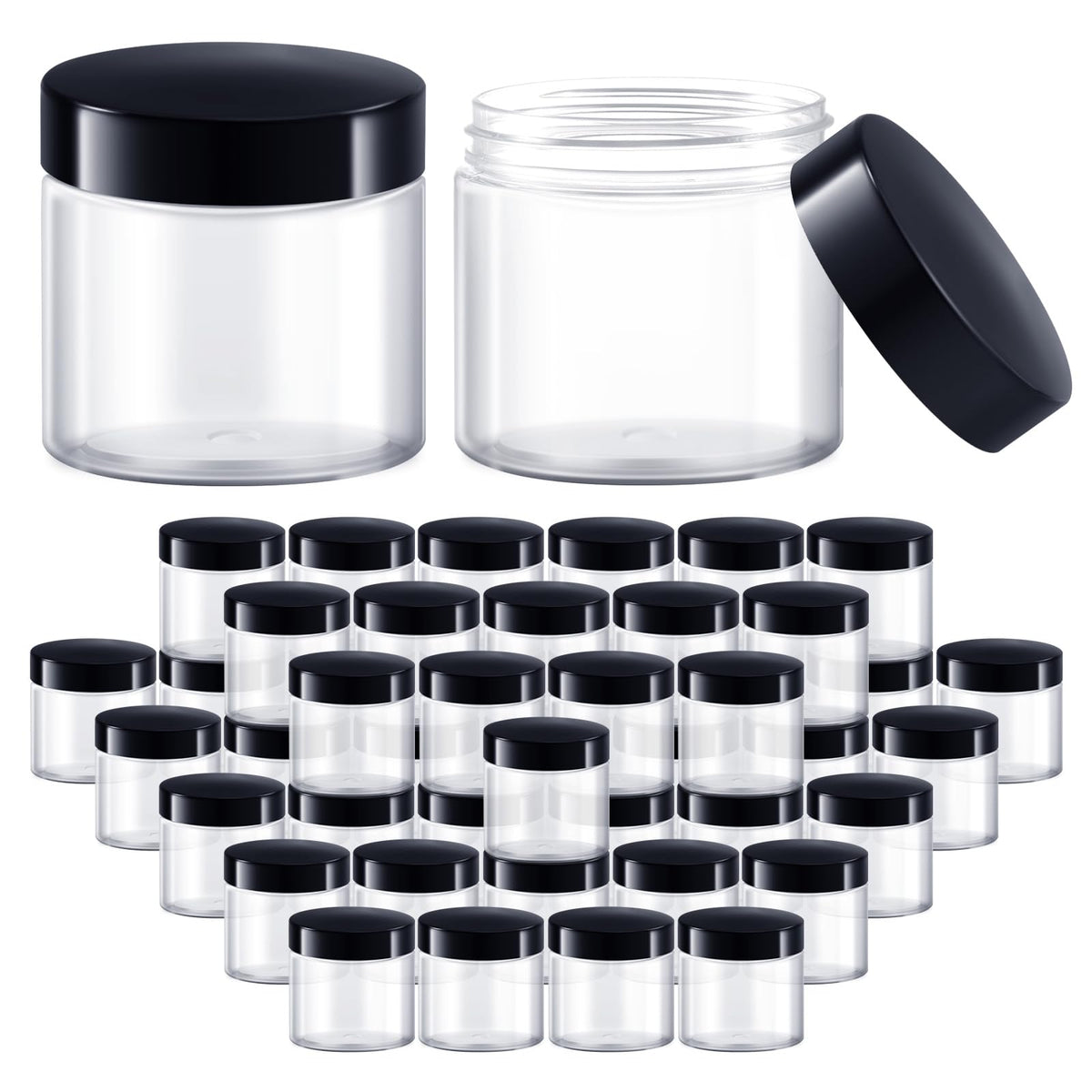 6 OZ Plastic Jars with Lids Elumeiro 48 Pack Clear Cosmetic Container Jas with Black Lids Small Jars with Lids for Lotion Cream Powder Ointments Makeup Eye Shadow Rhinestone Sample