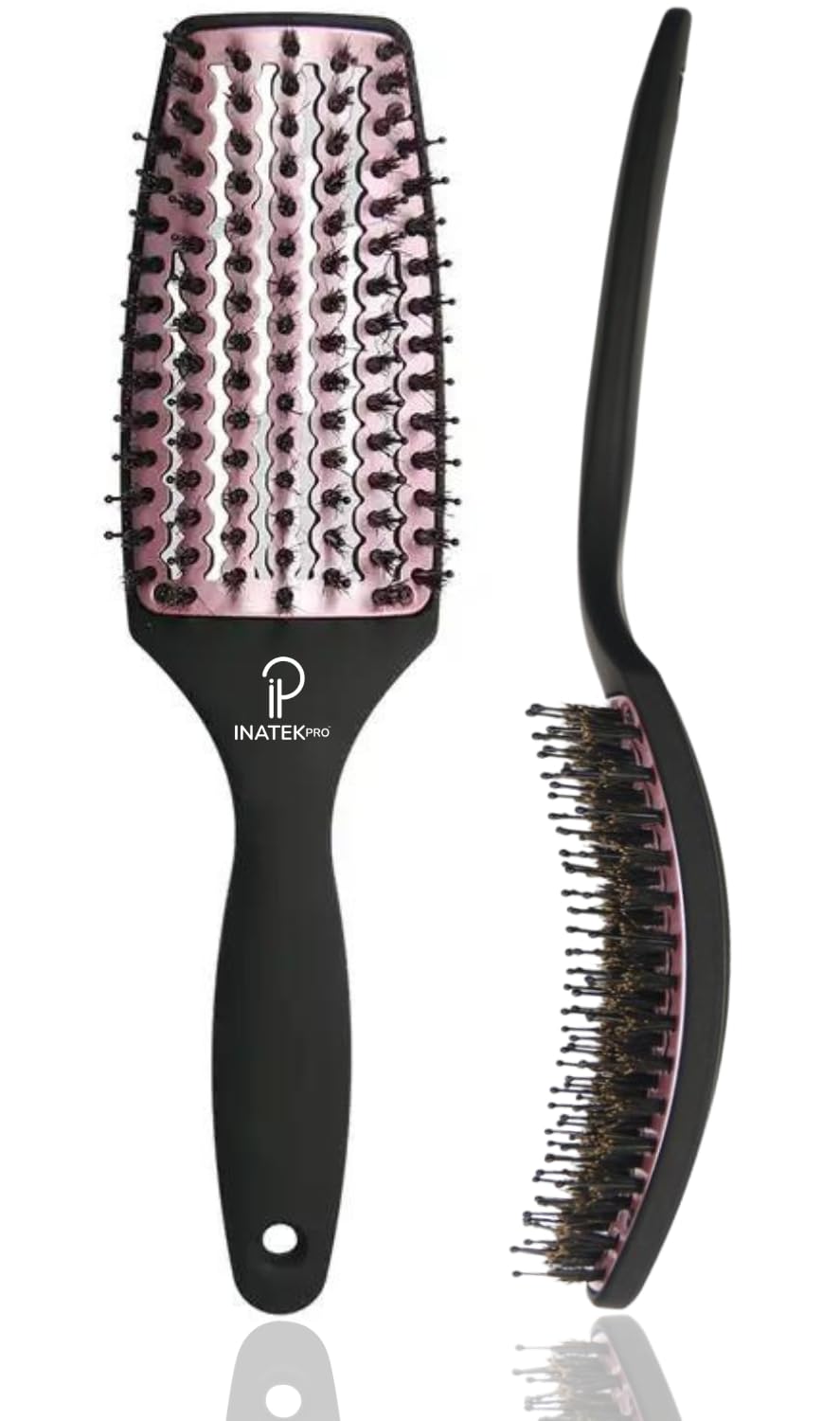 Inatekpro Curved Vented for Blow Drying - Boar Bristle Brush (Medium) with Comfortable Handle - Soft Bristle Brush for Thick and Fine Hair - Natural Boar Bristles for Women Men & Kids - Rose Gold