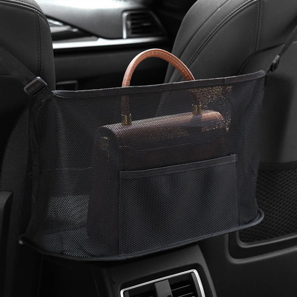 HEVLE Car Net Pocket Handbag Holder Auto Net Pocket Purse Holder Between Front Seats Car Storage Organizer Universal Car Interior Accessories Barrier of Backseat Pet Kids (Black)