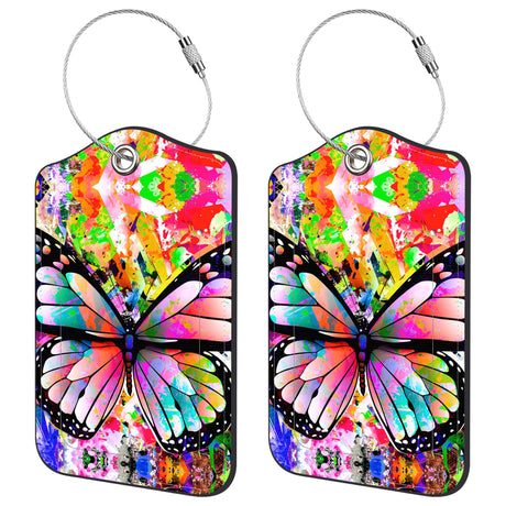 Neidius 2 Pack Luggage Tags for SuitcaseAbstract Butterfly PU Leather Luggage Tags with Privacy Cover Name Address Labels and Steel RingCreative Travel Accessories for Men and Women