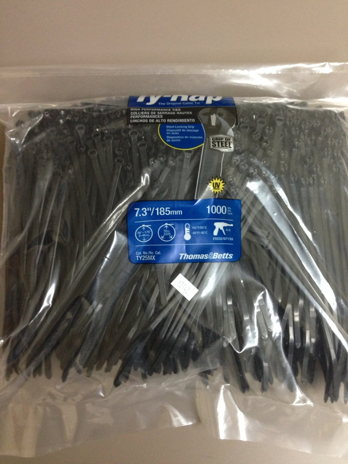 Thomas & Betts TY25MX Cable Tie 50lb 7" Ultraviolet Resistant Black Nylon with Stainless Steel Locki