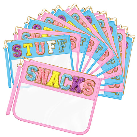 Abbylike 12 Pcs Chenille Letter Bag Snacks Pouch Clear Travel Makeup Bag with Wrist Strap Zipper Stuff Bag Cosmetic Bag Purses for Women(Blue and PinkStuff and Snacks)